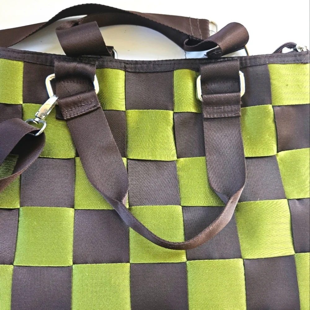 Nylon Brown and Green Basket Weave Shoulder Bag Heavy Duty - Picture 3 of 9